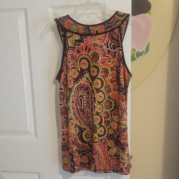 Moa moa SzXL floral brown trim scoop neck sleeveless Women's Top sparkle - Picture 5 of 5